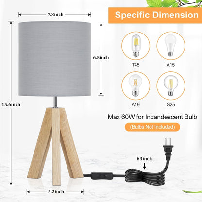 Small Beside Table Lamp, Wood Tripod Table Lamp with White Fabric Shade, Cute Boho Nightstand Minimalist Desk Lamp for Bedroom Living Room Nursery Kids Room Office Dorm, Bulb Not Included