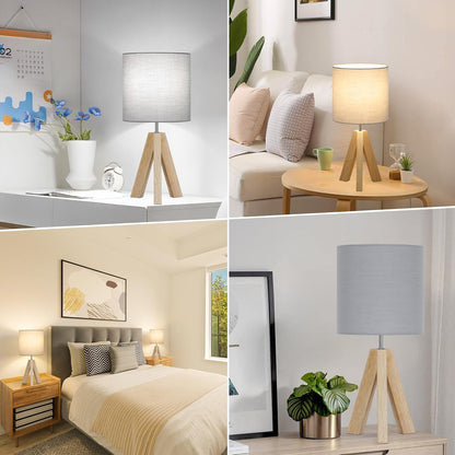 Small Beside Table Lamp, Wood Tripod Table Lamp with White Fabric Shade, Cute Boho Nightstand Minimalist Desk Lamp for Bedroom Living Room Nursery Kids Room Office Dorm, Bulb Not Included