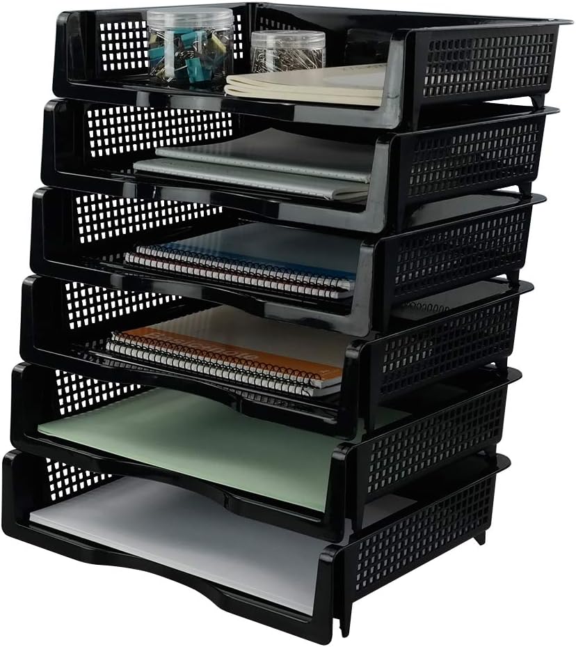 Plastic Stackable File Paper Storage Tray, Office Stackable Letter Tray, Black, 6 Pack