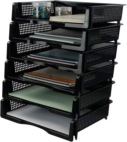 Plastic Stackable File Paper Storage Tray, Office Stackable Letter Tray, Black, 6 Pack