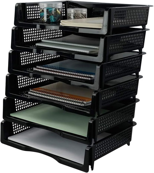 Plastic Stackable File Paper Storage Tray, Office Stackable Letter Tray, Black, 6 Pack