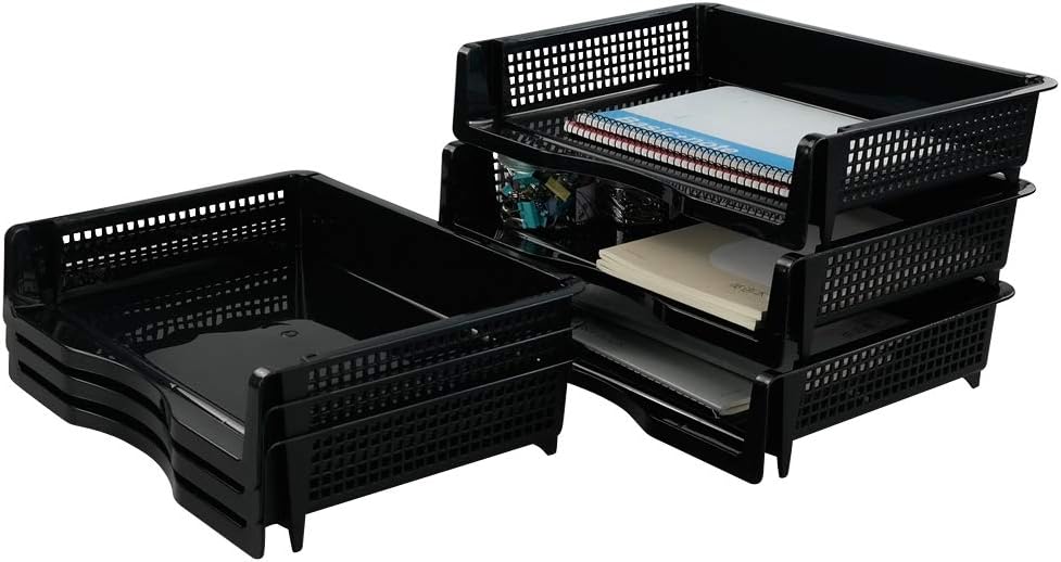 Plastic Stackable File Paper Storage Tray, Office Stackable Letter Tray, Black, 6 Pack