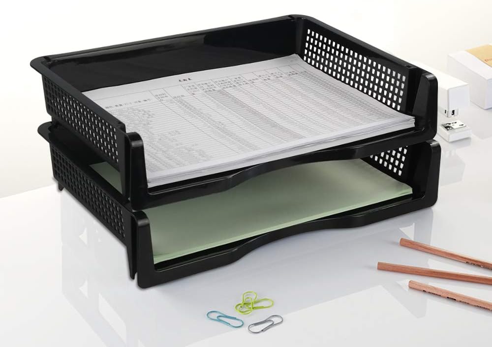 Plastic Stackable File Paper Storage Tray, Office Stackable Letter Tray, Black, 6 Pack