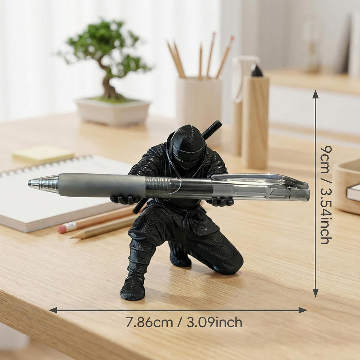 3D Printed Ninja Pen Holder - Cool Ninja Figurine Pen Stand, Decorative Desk Organizer for Office & Home (black)