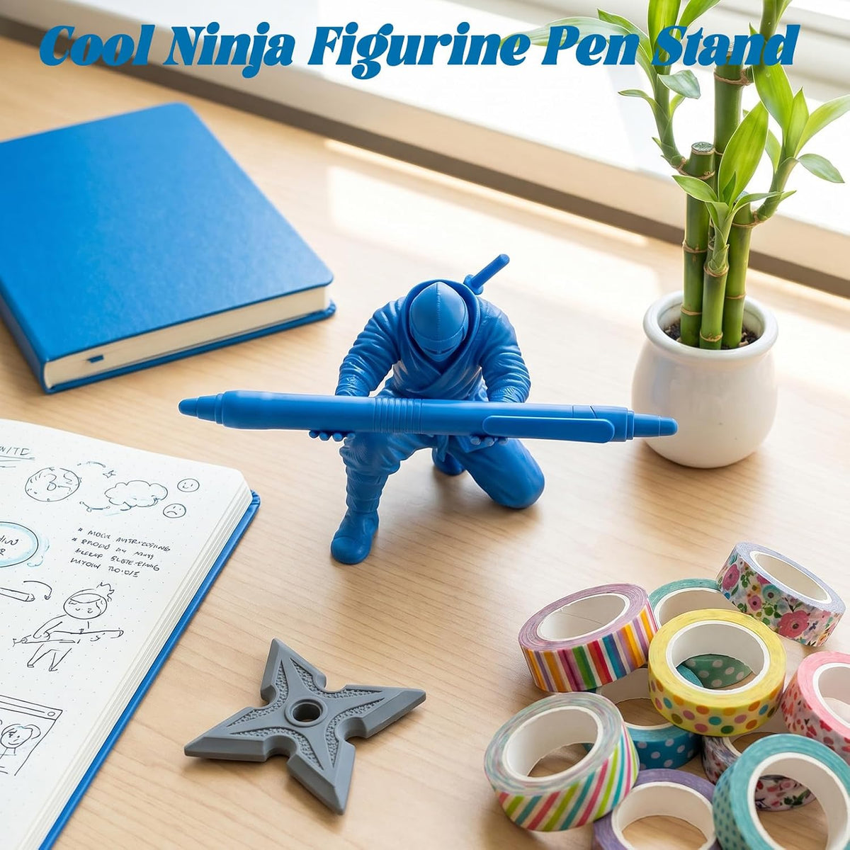 3D Printed Ninja Pen Holder - Cool Ninja Figurine Pen Stand, Decorative Desk Organizer for Office & Home (black)