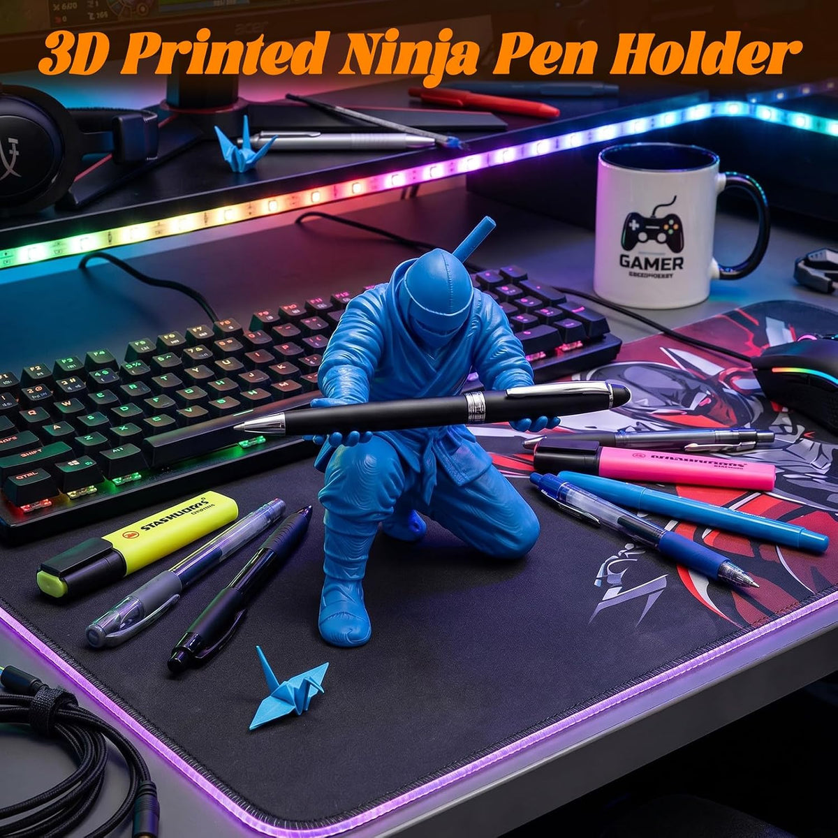 3D Printed Ninja Pen Holder - Cool Ninja Figurine Pen Stand, Decorative Desk Organizer for Office & Home (black)