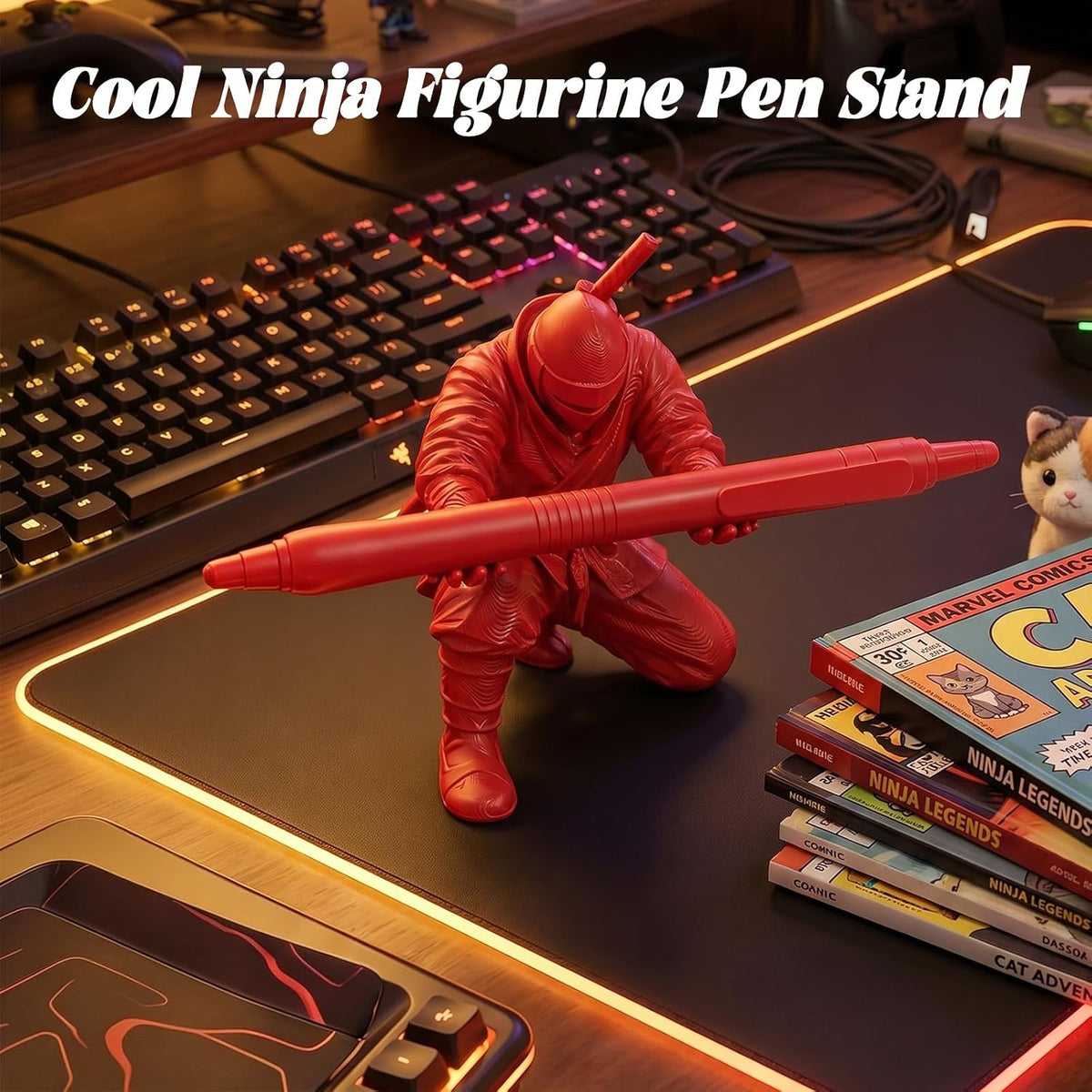 3D Printed Ninja Pen Holder - Cool Ninja Figurine Pen Stand, Decorative Desk Organizer for Office & Home (black)