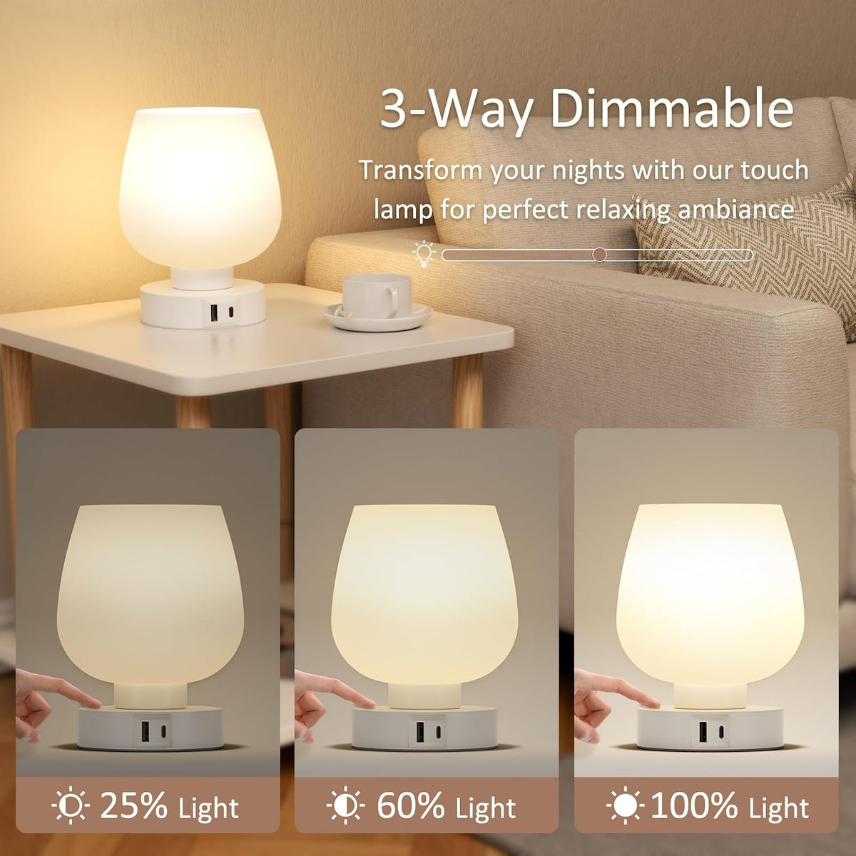 Seealle Small Touch Table Lamp for Nightstand, 3 Way Dimmable Bedside Lamp