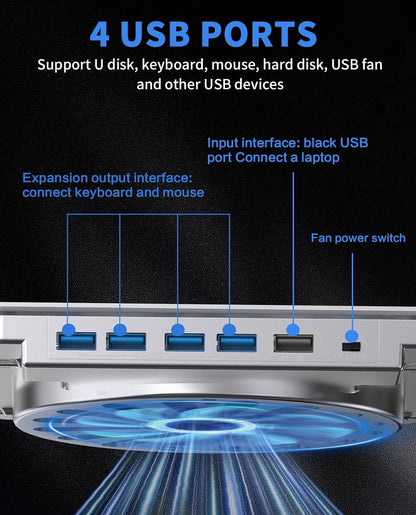 Adjustable Laptop Cooling Pad, 4 USB 3.0 Hubs, 10-16", Silver