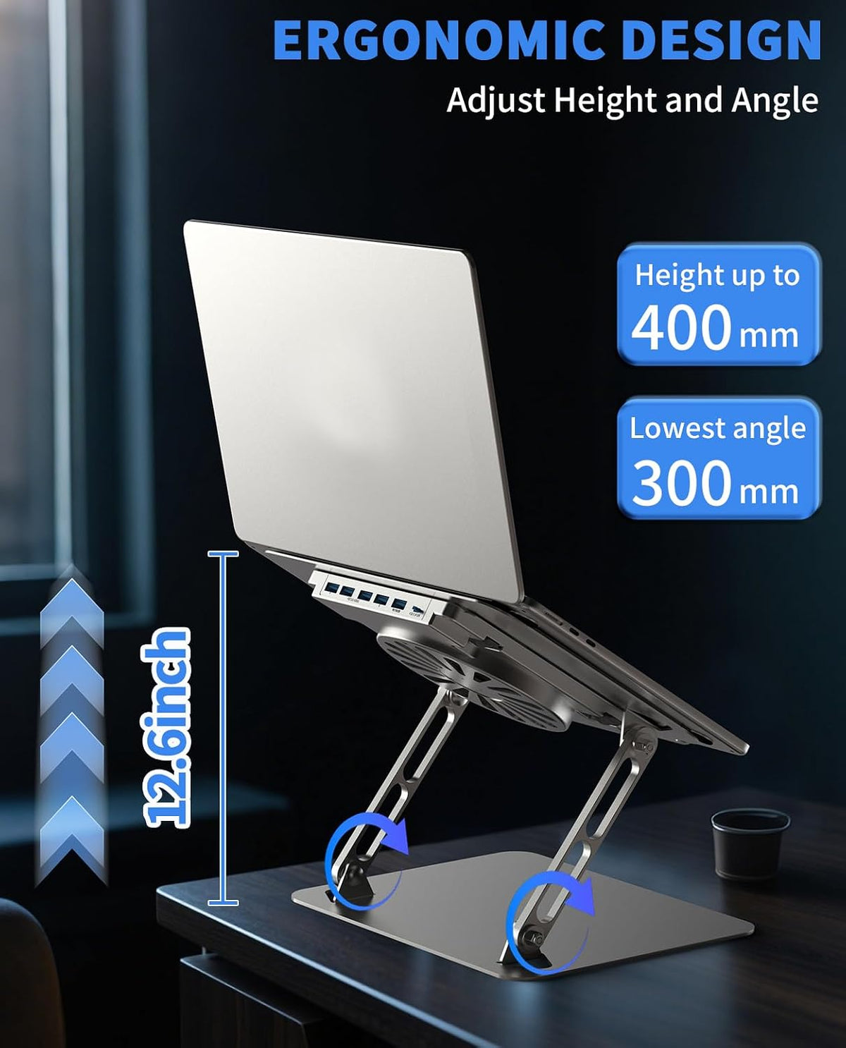 Adjustable Laptop Cooling Pad, 4 USB 3.0 Hubs, 10-16", Silver