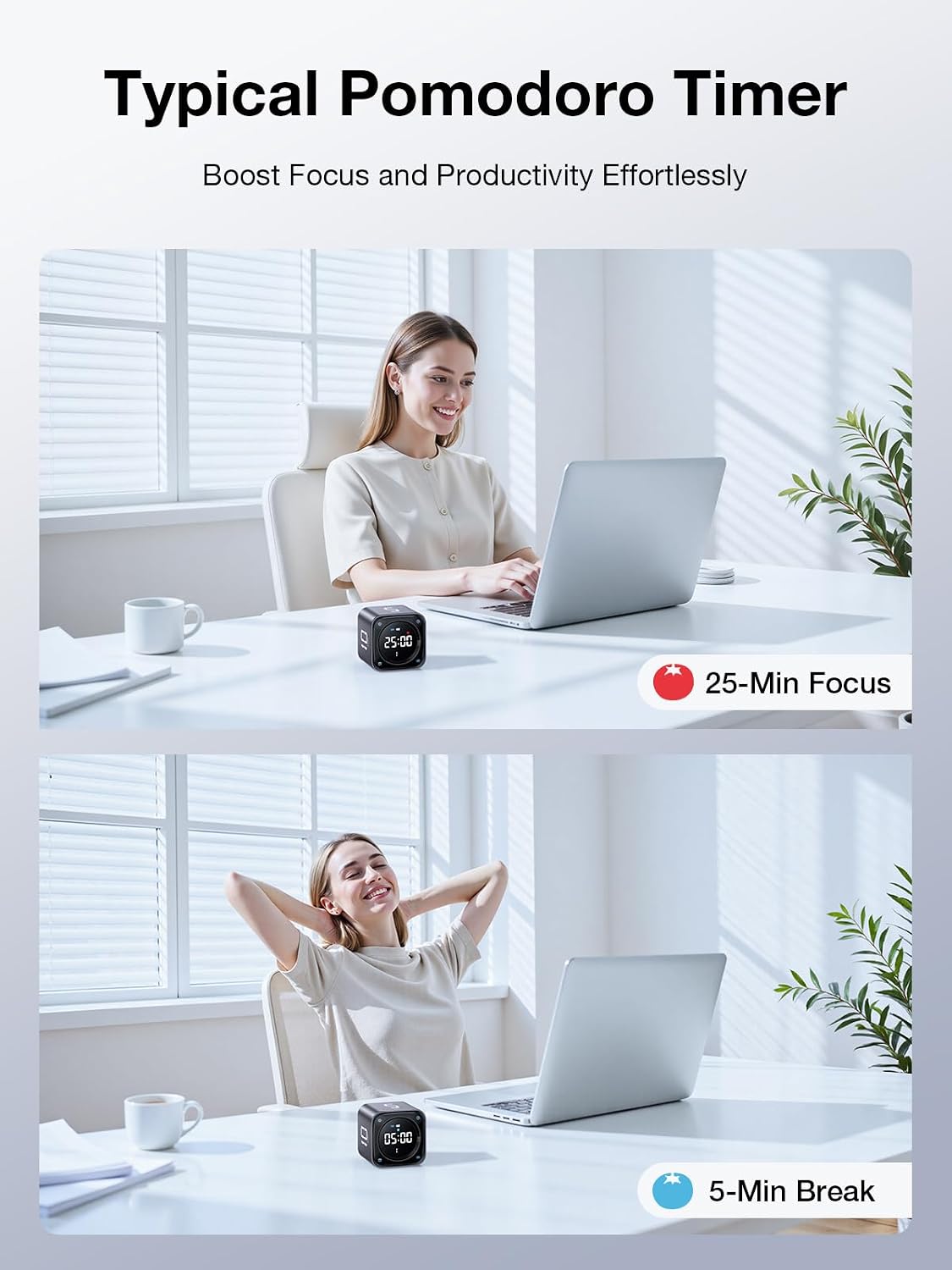 TK3 Pomodoro Timer Cube, Desk Productivity Timer with 5/10/30/60 Min Presets, Custom Countdown, Stopwatch, Clock, 3 Alarm, Silent, Vibrate & Sound Alert, for Task, ADHD, Study, Kitchen, Black