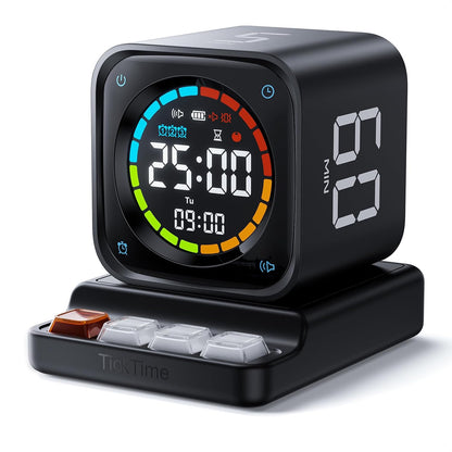 TK3 Pomodoro Timer Cube, Desk Productivity Timer with 5/10/30/60 Min Presets, Custom Countdown, Stopwatch, Clock, 3 Alarm, Silent, Vibrate & Sound Alert, for Task, ADHD, Study, Kitchen, Black