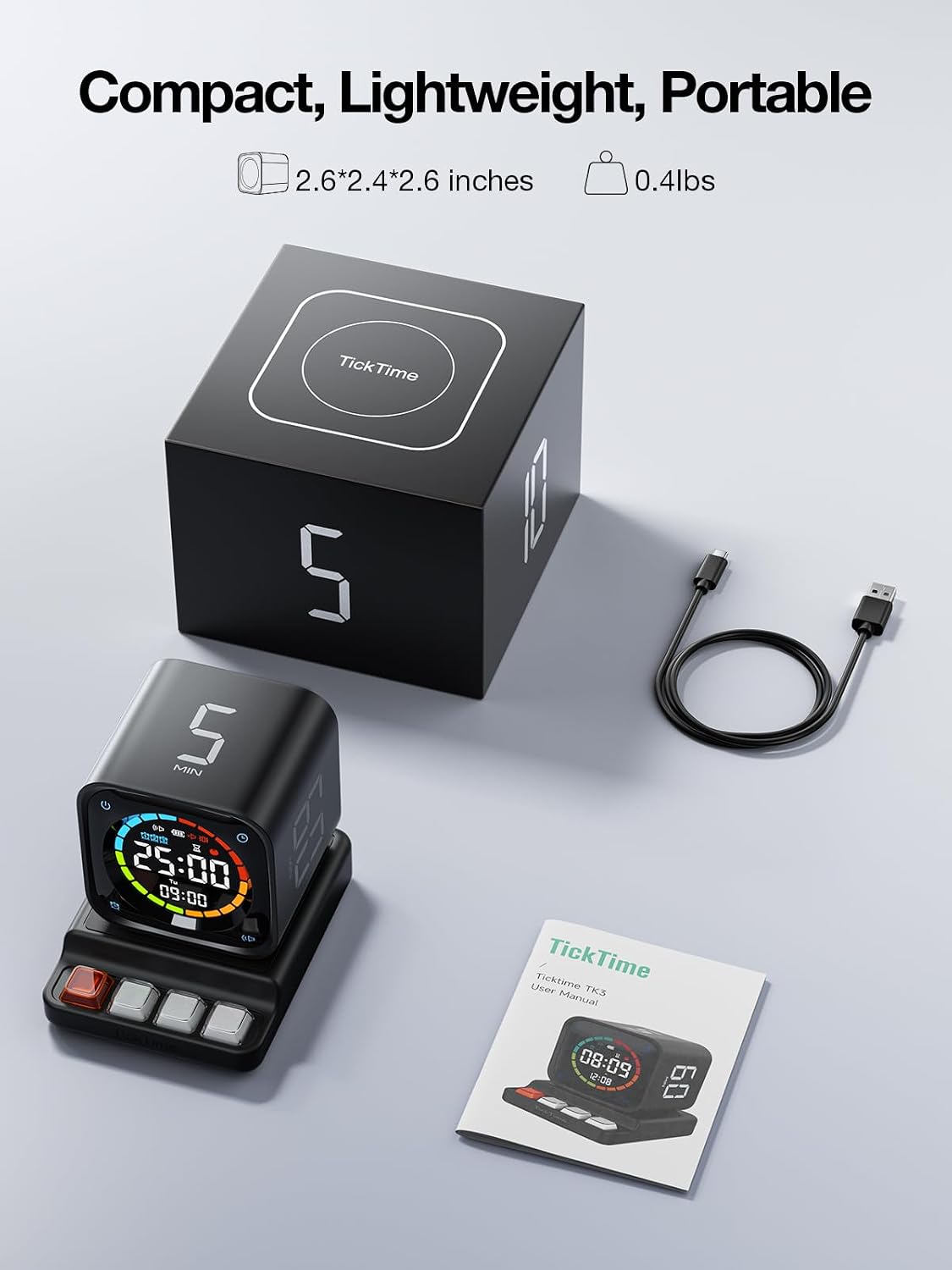 TK3 Pomodoro Timer Cube, Desk Productivity Timer with 5/10/30/60 Min Presets, Custom Countdown, Stopwatch, Clock, 3 Alarm, Silent, Vibrate & Sound Alert, for Task, ADHD, Study, Kitchen, Black