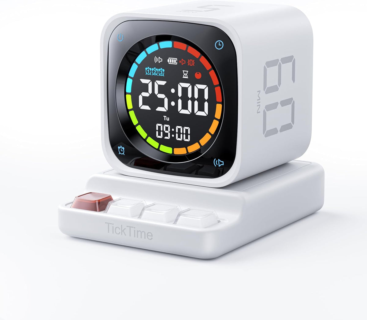 TK3 Pomodoro Timer Cube, Desk Productivity Timer with 5/10/30/60 Min Presets, Custom Countdown, Stopwatch, Clock, 3 Alarm, Silent, Vibrate & Sound Alert, for Task, ADHD, Study, Kitchen, Black