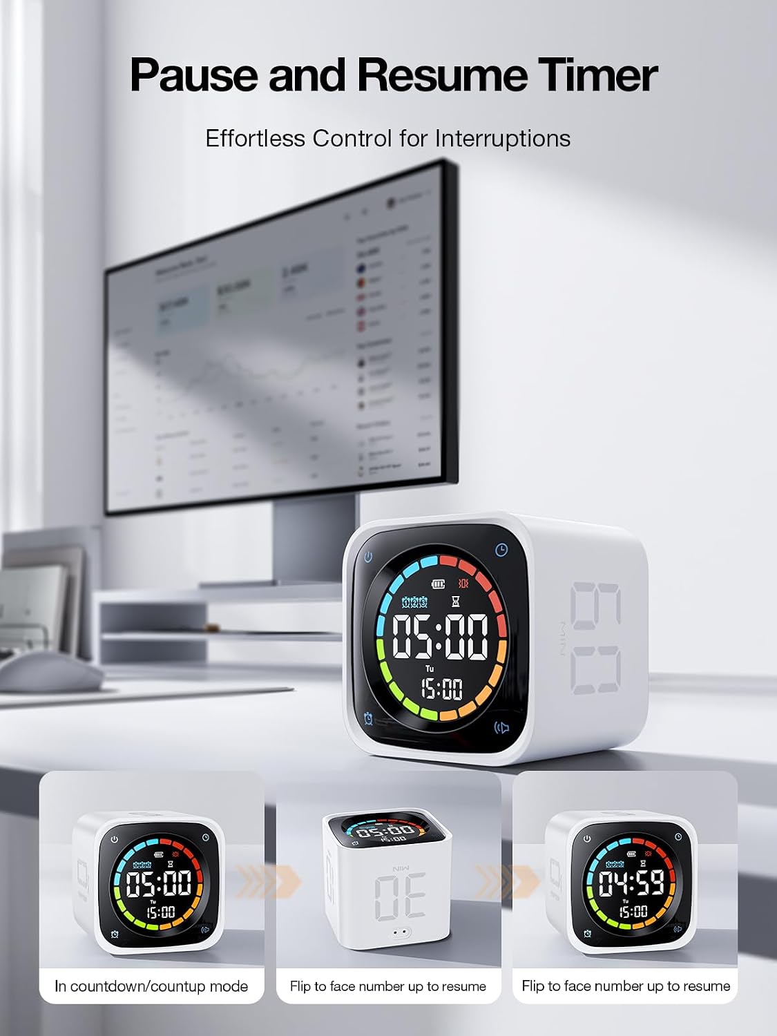 TK3 Pomodoro Timer Cube, Desk Productivity Timer with 5/10/30/60 Min Presets, Custom Countdown, Stopwatch, Clock, 3 Alarm, Silent, Vibrate & Sound Alert, for Task, ADHD, Study, Kitchen, Black