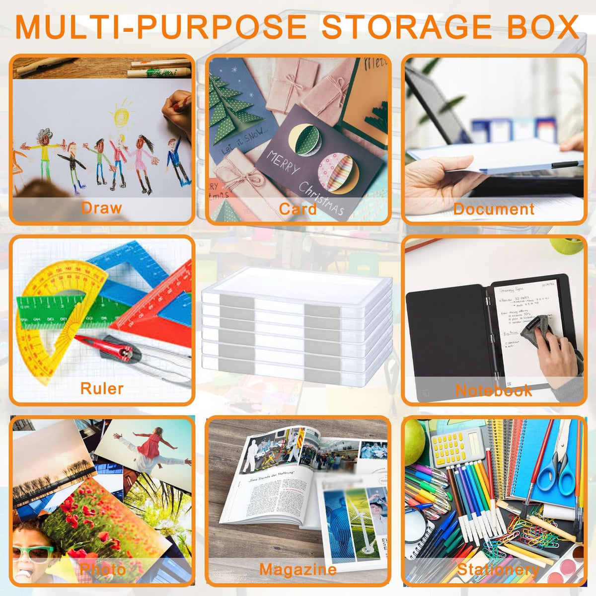 12 Pcs Clear A4 File Portable Project Case, Plastic Storage Box for 8.5" x 11" Letter Paper, Scrapbook Paper Storage Boxes Documents Magazines Holder