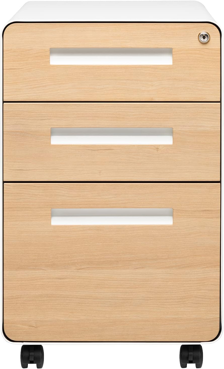Stockpile 3 Drawer File Cabinet with Lock - Under Office Desk Metal Filing Cabinet, Legal/Letter File Folders, Wheels and Stationary Feet, Pre-Assembled, White/Wood