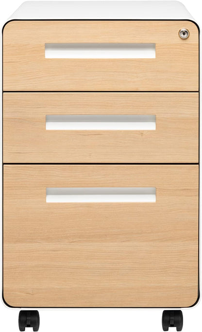 Stockpile 3 Drawer File Cabinet with Lock - Under Office Desk Metal Filing Cabinet, Legal/Letter File Folders, Wheels and Stationary Feet, Pre-Assembled, White/Wood