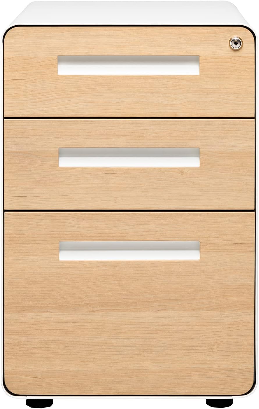 Stockpile 3 Drawer File Cabinet with Lock - Under Office Desk Metal Filing Cabinet, Legal/Letter File Folders, Wheels and Stationary Feet, Pre-Assembled, White/Wood