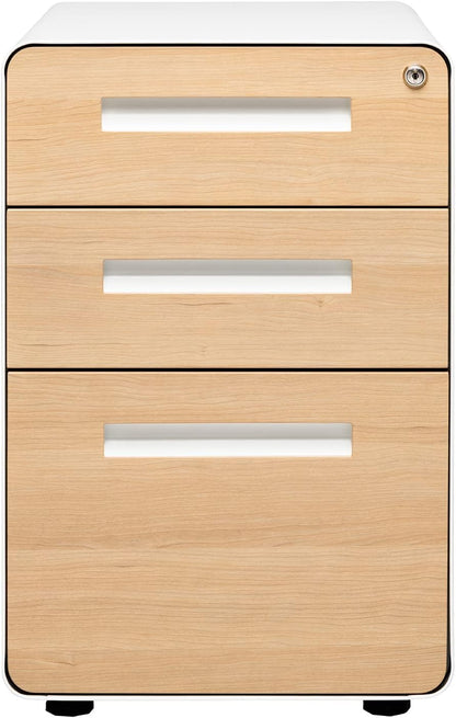 Stockpile 3 Drawer File Cabinet with Lock - Under Office Desk Metal Filing Cabinet, Legal/Letter File Folders, Wheels and Stationary Feet, Pre-Assembled, White/Wood