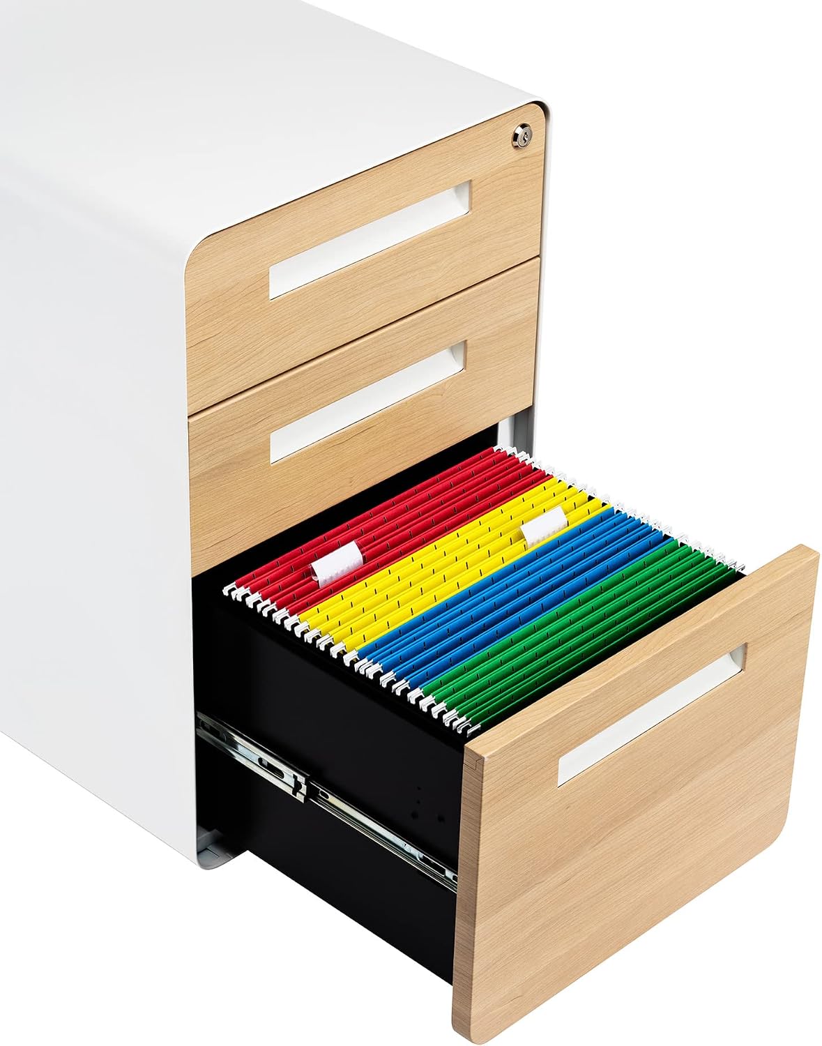Stockpile 3 Drawer File Cabinet with Lock - Under Office Desk Metal Filing Cabinet, Legal/Letter File Folders, Wheels and Stationary Feet, Pre-Assembled, White/Wood