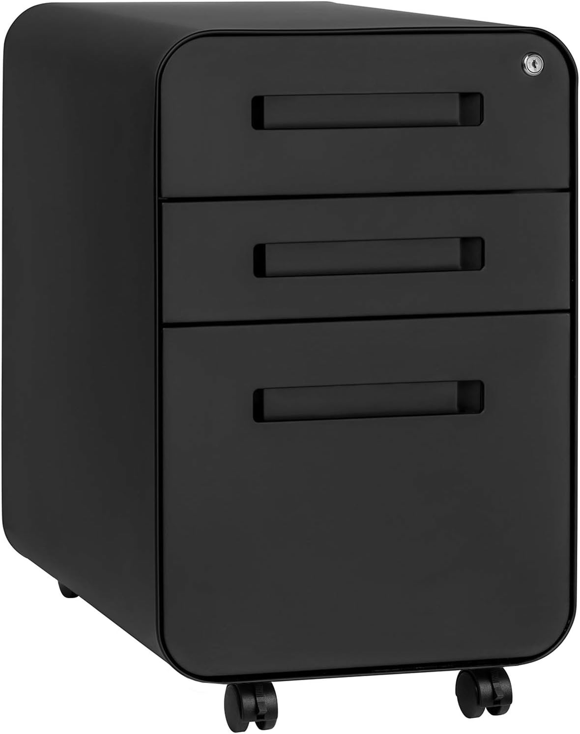 Stockpile 3 Drawer File Cabinet with Lock - Under Office Desk Metal Filing Cabinet, Legal/Letter File Folders, Wheels and Stationary Feet, Pre-Assembled, White/Wood