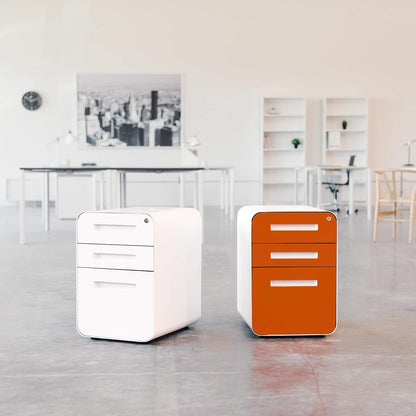 Stockpile 3 Drawer File Cabinet with Lock - Under Office Desk Metal Filing Cabinet, Legal/Letter File Folders, Wheels and Stationary Feet, Pre-Assembled, White/Wood
