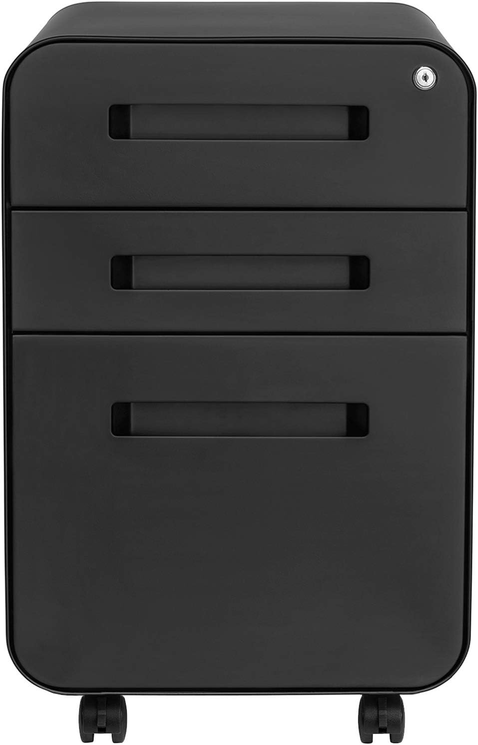 Stockpile 3 Drawer File Cabinet with Lock - Under Office Desk Metal Filing Cabinet, Legal/Letter File Folders, Wheels and Stationary Feet, Pre-Assembled, White/Wood