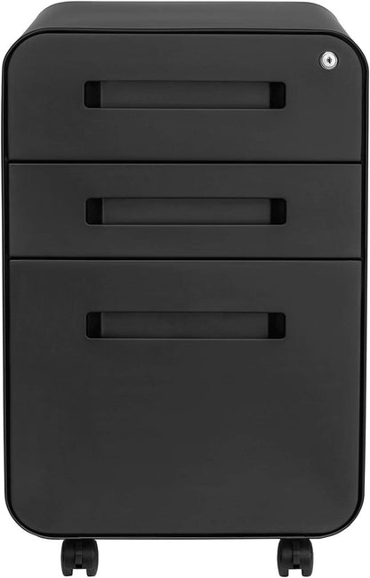 Stockpile 3 Drawer File Cabinet with Lock - Under Office Desk Metal Filing Cabinet, Legal/Letter File Folders, Wheels and Stationary Feet, Pre-Assembled, White/Wood