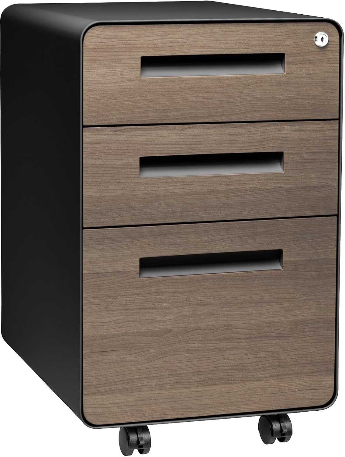 Stockpile 3 Drawer File Cabinet with Lock - Under Office Desk Metal Filing Cabinet, Legal/Letter File Folders, Wheels and Stationary Feet, Pre-Assembled, White/Wood
