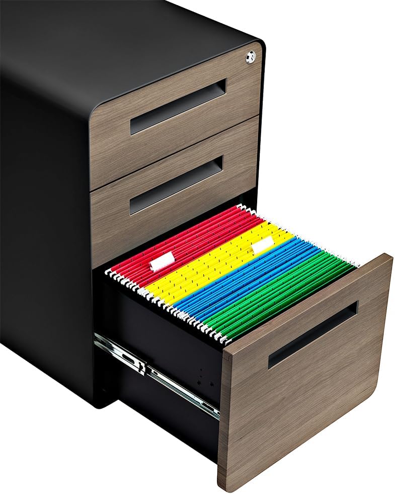 Stockpile 3 Drawer File Cabinet with Lock - Under Office Desk Metal Filing Cabinet, Legal/Letter File Folders, Wheels and Stationary Feet, Pre-Assembled, White/Wood