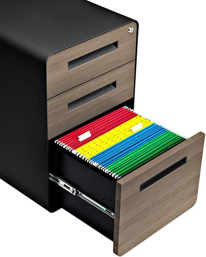 Stockpile 3 Drawer File Cabinet with Lock - Under Office Desk Metal Filing Cabinet, Legal/Letter File Folders, Wheels and Stationary Feet, Pre-Assembled, White/Wood