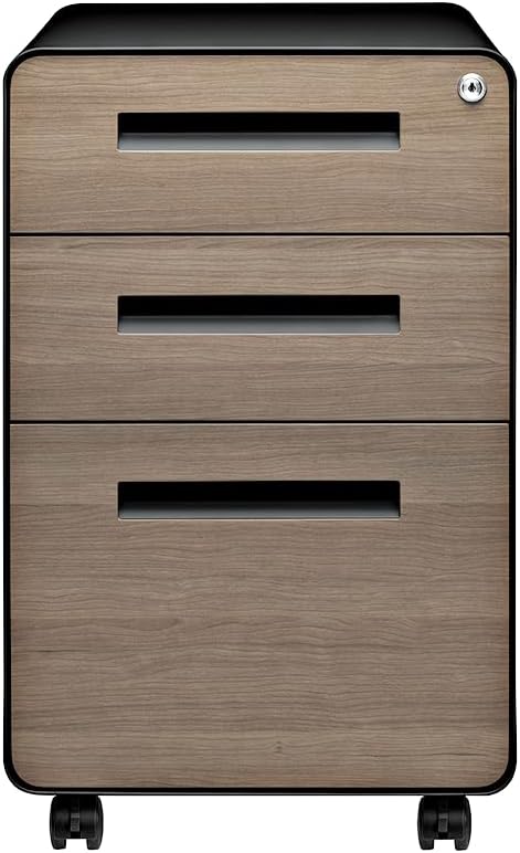 Stockpile 3 Drawer File Cabinet with Lock - Under Office Desk Metal Filing Cabinet, Legal/Letter File Folders, Wheels and Stationary Feet, Pre-Assembled, White/Wood
