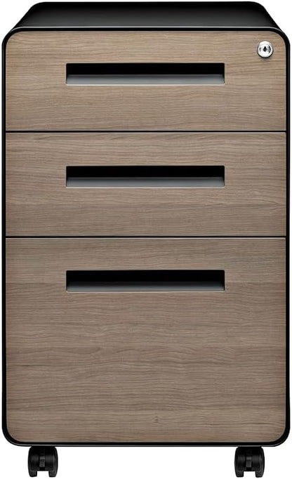Stockpile 3 Drawer File Cabinet with Lock - Under Office Desk Metal Filing Cabinet, Legal/Letter File Folders, Wheels and Stationary Feet, Pre-Assembled, White/Wood