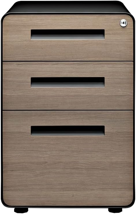 Stockpile 3 Drawer File Cabinet with Lock - Under Office Desk Metal Filing Cabinet, Legal/Letter File Folders, Wheels and Stationary Feet, Pre-Assembled, White/Wood