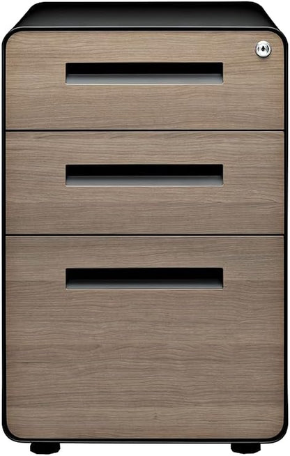 Stockpile 3 Drawer File Cabinet with Lock - Under Office Desk Metal Filing Cabinet, Legal/Letter File Folders, Wheels and Stationary Feet, Pre-Assembled, White/Wood