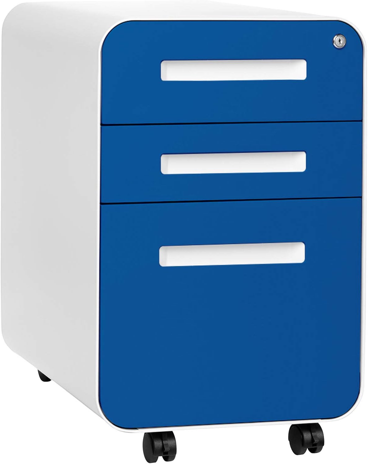 Stockpile 3 Drawer File Cabinet with Lock - Under Office Desk Metal Filing Cabinet, Legal/Letter File Folders, Wheels and Stationary Feet, Pre-Assembled, White/Wood