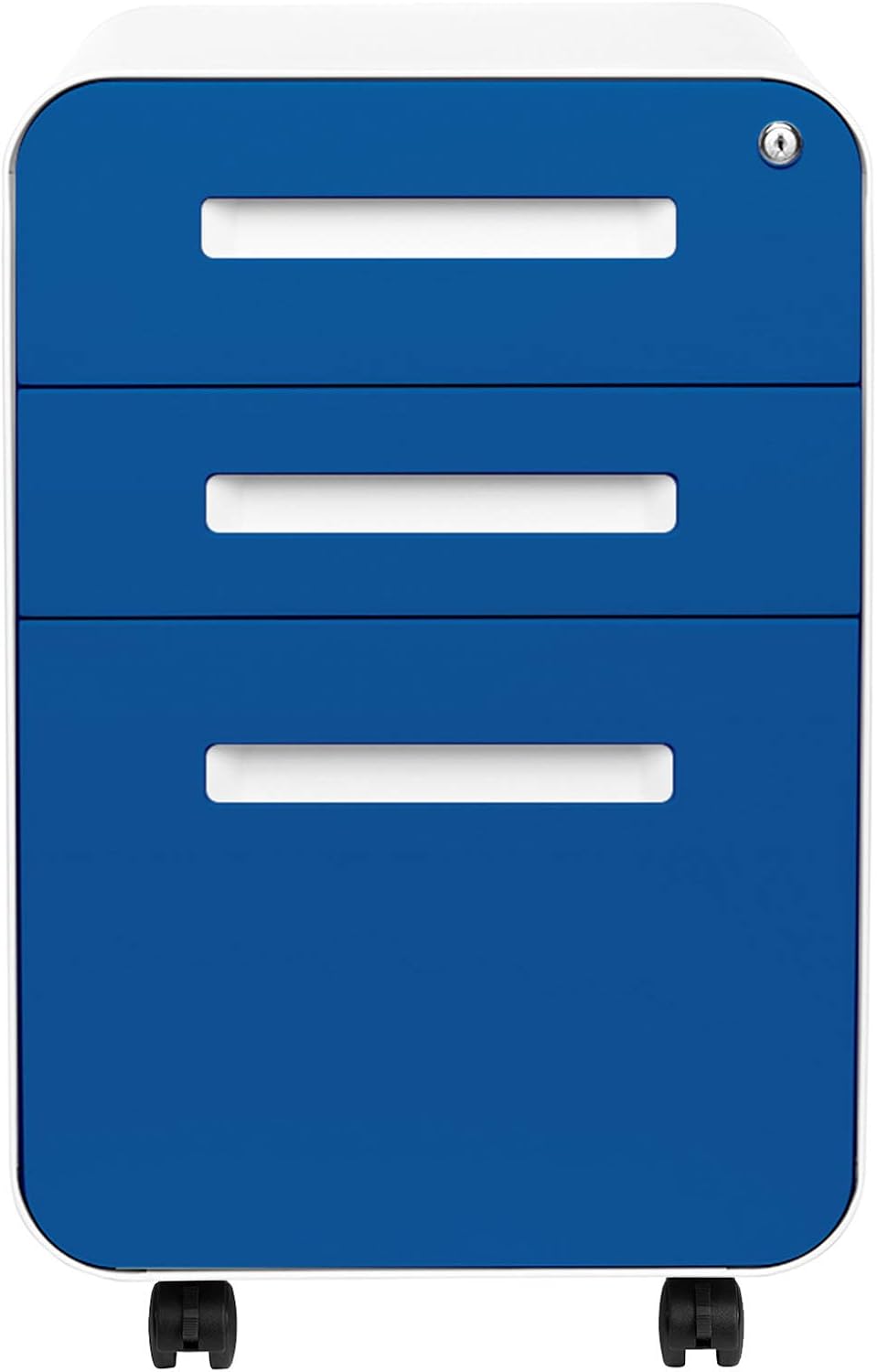 Stockpile 3 Drawer File Cabinet with Lock - Under Office Desk Metal Filing Cabinet, Legal/Letter File Folders, Wheels and Stationary Feet, Pre-Assembled, White/Wood