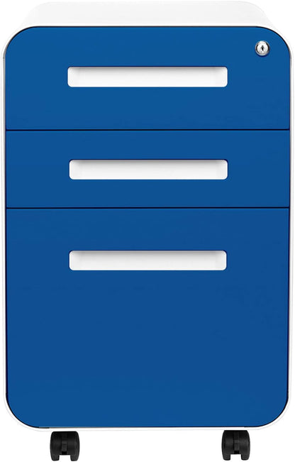 Stockpile 3 Drawer File Cabinet with Lock - Under Office Desk Metal Filing Cabinet, Legal/Letter File Folders, Wheels and Stationary Feet, Pre-Assembled, White/Wood