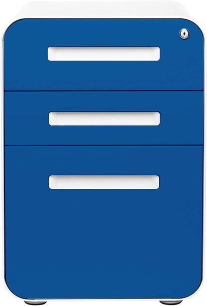 Stockpile 3 Drawer File Cabinet with Lock - Under Office Desk Metal Filing Cabinet, Legal/Letter File Folders, Wheels and Stationary Feet, Pre-Assembled, White/Wood
