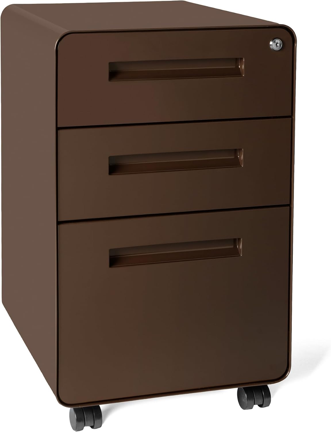 Stockpile 3 Drawer File Cabinet with Lock - Under Office Desk Metal Filing Cabinet, Legal/Letter File Folders, Wheels and Stationary Feet, Pre-Assembled, White/Wood