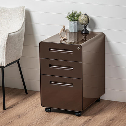 Stockpile 3 Drawer File Cabinet with Lock - Under Office Desk Metal Filing Cabinet, Legal/Letter File Folders, Wheels and Stationary Feet, Pre-Assembled, White/Wood