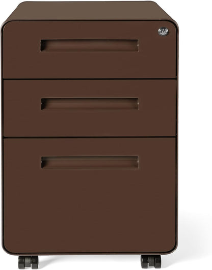 Stockpile 3 Drawer File Cabinet with Lock - Under Office Desk Metal Filing Cabinet, Legal/Letter File Folders, Wheels and Stationary Feet, Pre-Assembled, White/Wood