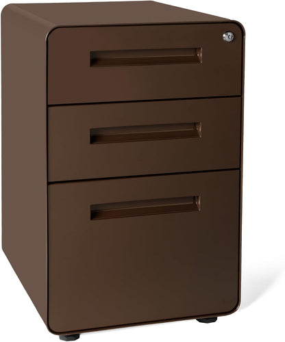 Stockpile 3 Drawer File Cabinet with Lock - Under Office Desk Metal Filing Cabinet, Legal/Letter File Folders, Wheels and Stationary Feet, Pre-Assembled, White/Wood