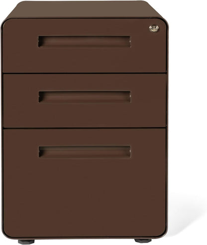 Stockpile 3 Drawer File Cabinet with Lock - Under Office Desk Metal Filing Cabinet, Legal/Letter File Folders, Wheels and Stationary Feet, Pre-Assembled, White/Wood