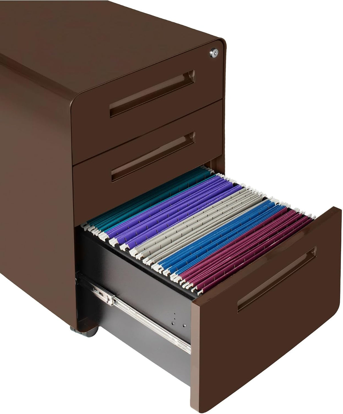 Stockpile 3 Drawer File Cabinet with Lock - Under Office Desk Metal Filing Cabinet, Legal/Letter File Folders, Wheels and Stationary Feet, Pre-Assembled, White/Wood