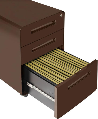 Stockpile 3 Drawer File Cabinet with Lock - Under Office Desk Metal Filing Cabinet, Legal/Letter File Folders, Wheels and Stationary Feet, Pre-Assembled, White/Wood