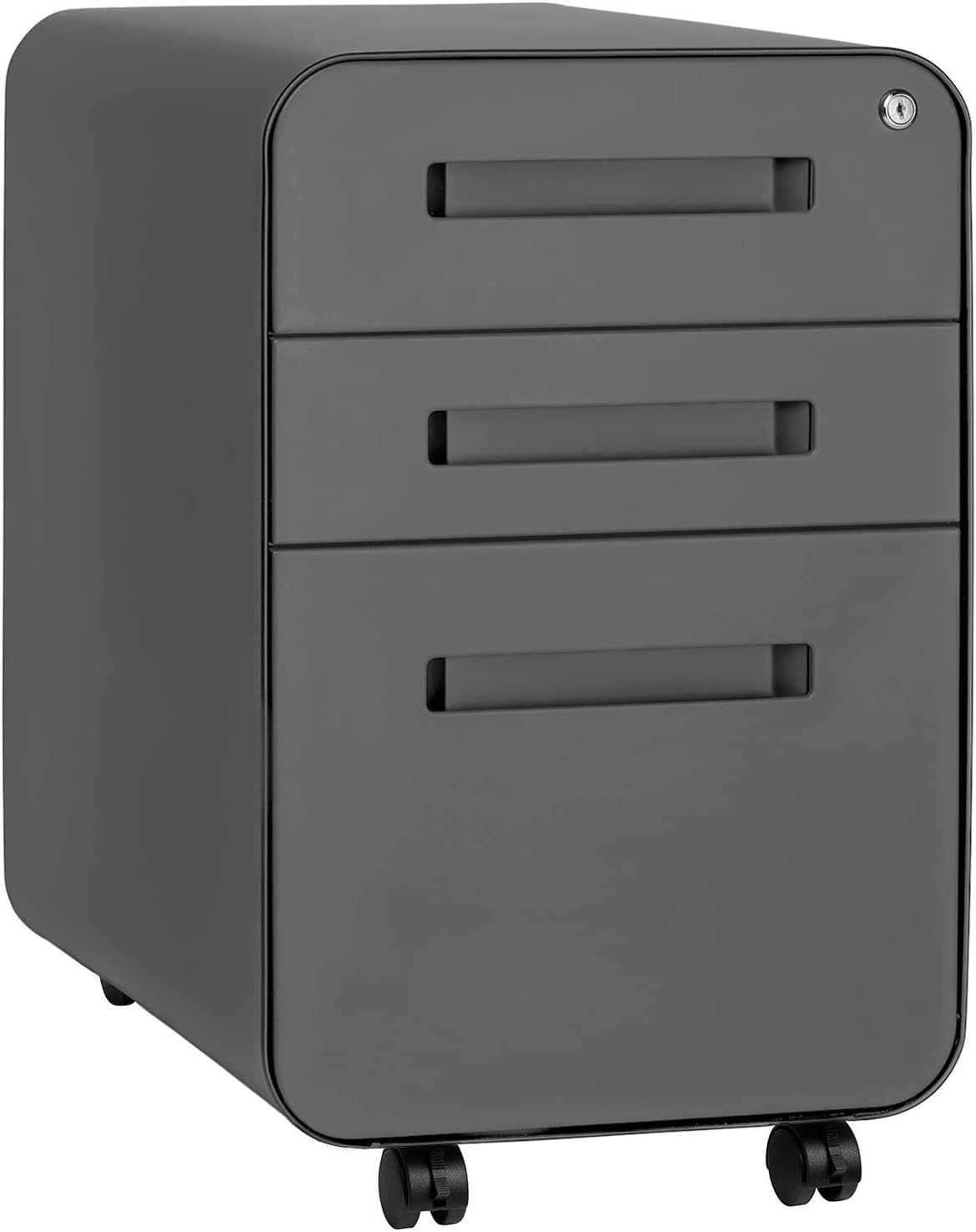Stockpile 3 Drawer File Cabinet with Lock - Under Office Desk Metal Filing Cabinet, Legal/Letter File Folders, Wheels and Stationary Feet, Pre-Assembled, White/Wood