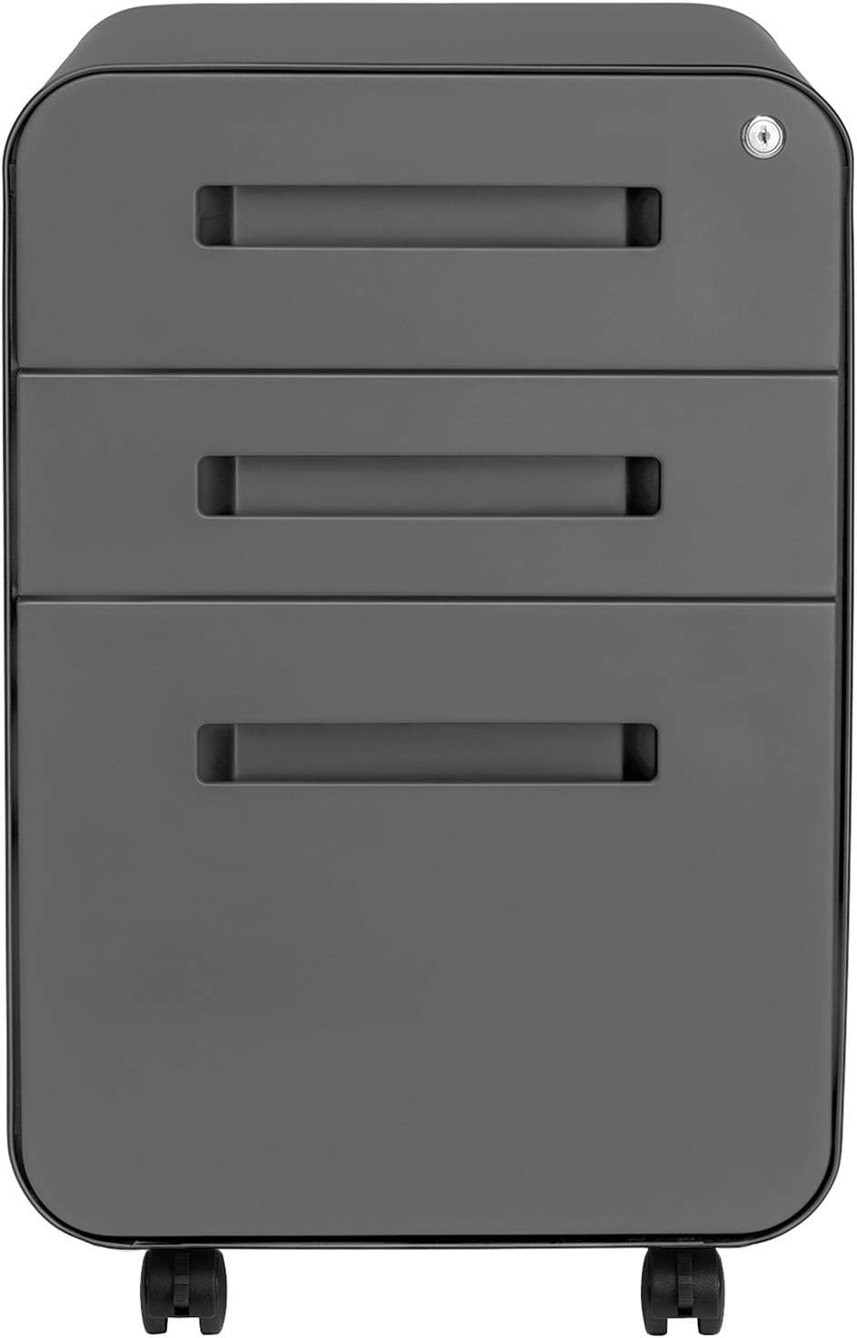 Stockpile 3 Drawer File Cabinet with Lock - Under Office Desk Metal Filing Cabinet, Legal/Letter File Folders, Wheels and Stationary Feet, Pre-Assembled, White/Wood