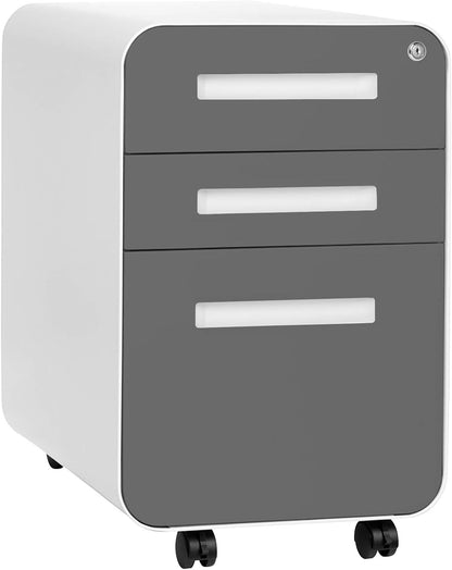 Stockpile 3 Drawer File Cabinet with Lock - Under Office Desk Metal Filing Cabinet, Legal/Letter File Folders, Wheels and Stationary Feet, Pre-Assembled, White/Wood